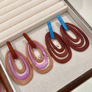 渐变醋酸蓝黄撞色耳环复古夸张长款几何椭圆形耳坠高级感气质耳饰