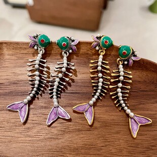 中古vintage复古宫廷风耳饰鱼骨耳坠镶钻珍珠鱼骨头耳环金属耳钉