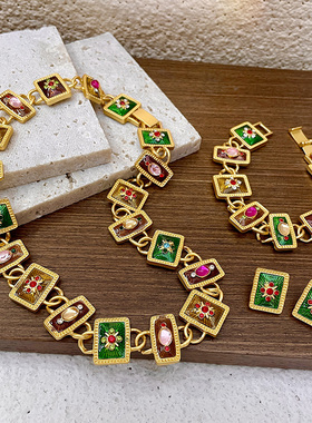 古董风彩色花纹珐琅锁骨链