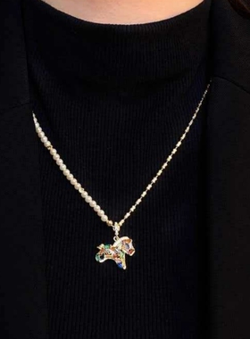 多巴胺彩色锆石小马项链女高级感精致时尚珍珠七彩锆钻木马毛衣链