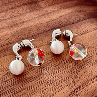 彩色波点拉丝银球前后多戴法冰透琉璃珠耳钉甜美多巴胺耳环女耳饰
