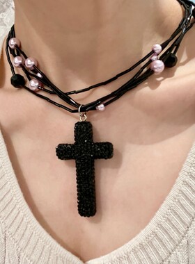 甜酷风黑色闪钻水晶十字形项链女多层串珠叠戴颈链choker锁骨链潮