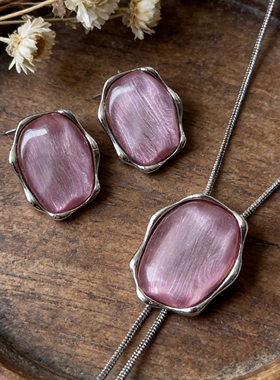 春夏新款不规则几何粉色耳钉女小众高级感粉色抽拉项链毛衣链耳环