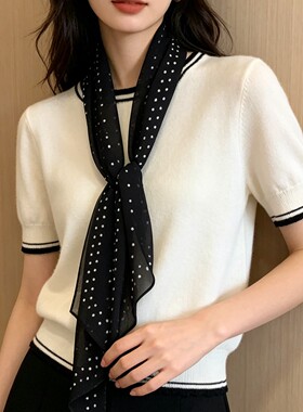 法式白色波点飘带V领短袖T恤女夏季高级感chic正肩小丝巾长条围巾
