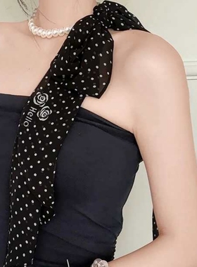 高级感波点玫瑰珍珠丝巾女秋季薄款系脖法式飘带围巾领巾长条丝带