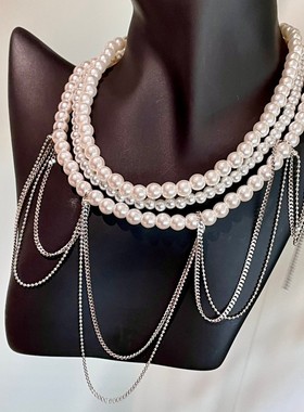 时尚欧美风珍珠流苏多层锁骨链法式气质三层串珠choker项链女颈链