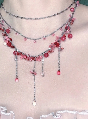 超仙波光粼粼红色天然石流苏项链轻奢显白百搭抽拉锁骨链多层颈链
