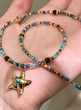 原创轻奢度假风蓝色松石天然石复古水晶串珠项链钛钢五角星锁骨链