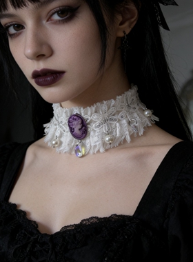 暗黑紫色系lolita洛丽塔手作珍珠水晶流苏蕾丝项链choker配饰颈链