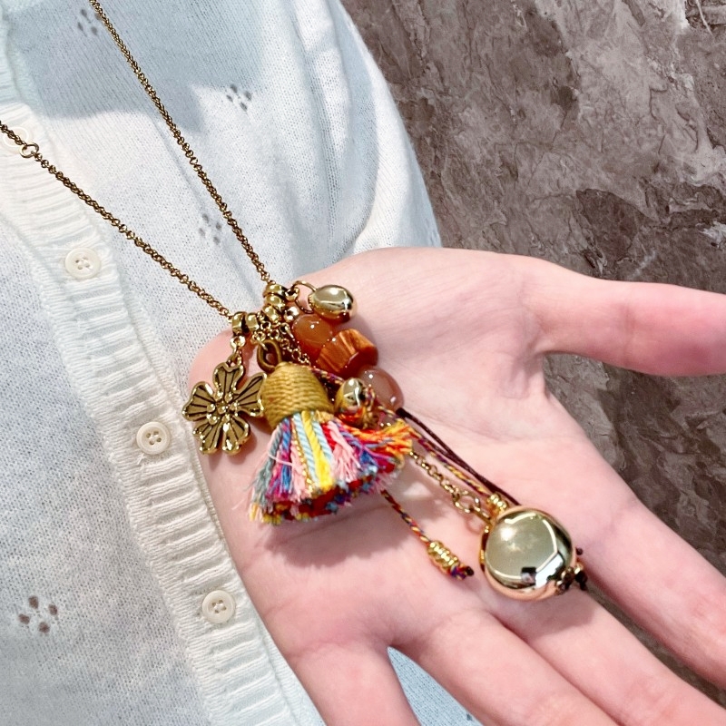 彩色麦穗流苏项链手编彩绳水晶串珠流苏长款毛衣链穗子多元素配饰