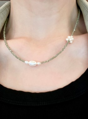 浅绿色橄榄石淡水珍珠花球项链高级感ins风水晶串珠气质锁骨链女