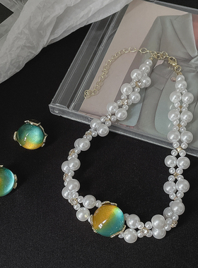 S925银针法式绿色人造宝石耳环女高级感耳饰小众复古巴洛克耳钉潮