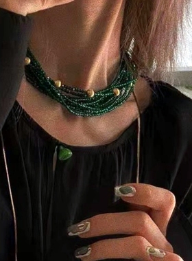 气质复古祖母绿水晶串珠长款项链女小众设计毛衣链叠戴choker颈链