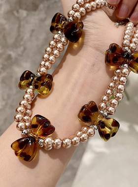 辣妹美式复古小众设计珍珠颈链豹纹蝴蝶结双层项链Choker女锁骨链