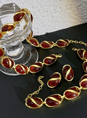 复古棕色水晶串珠项链