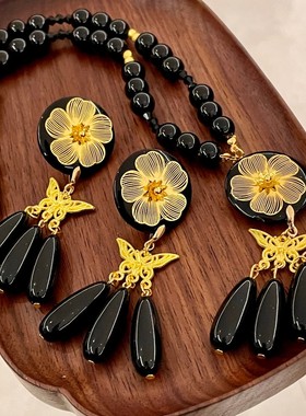 新中式复古黑色串珠流苏耳环花朵蝴蝶水滴项链中古锁骨链毛衣链女