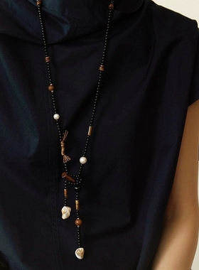 秋冬新款虎眼石串珠项链黑色水晶长款毛衣链复古异形珍珠锁骨链女