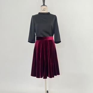 富耀姿酒红色丝绒高腰伞裙百褶复古舞裙12片A字大摆波浪裙24秋冬