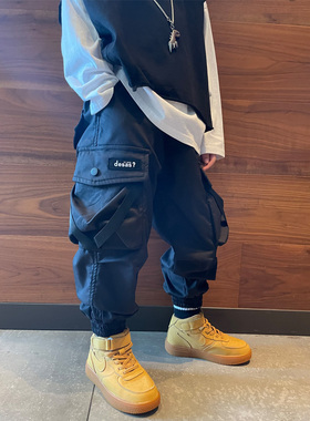 男童黑色工装裤子帅气2025春秋休闲新款街舞潮小中大宝宝儿童长裤