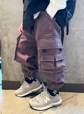 童装男童紫色休闲加绒工装裤子一体绒韩版2025冬季宝宝儿童长裤潮