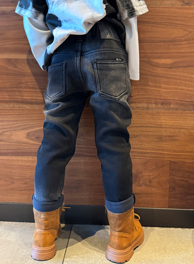 男童加绒牛仔小脚修身裤子黑灰色2025冬季潮流宝宝小中大儿童长裤