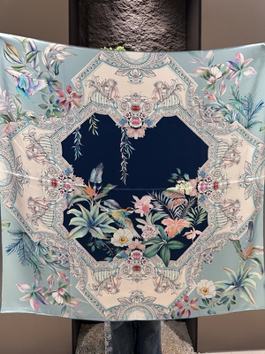 蓝调物语品牌100%桑蚕丝16姆米素绉缎单面印花时尚百搭真丝大方巾