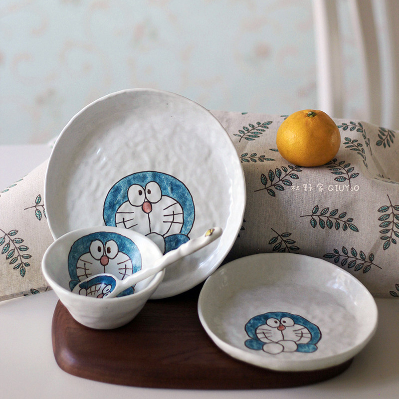 秋野家景德镇手绘釉下彩陶瓷餐具 卡通机器猫菜盘米饭碗可爱日式,餐饮具,盘,淘宝优惠券,粉丝福利购,淘宝优惠卷