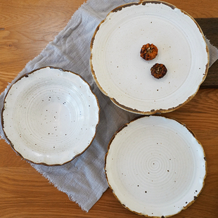 秋野家景德镇陶泥复古餐具创意褐边花口手工草帽盘果盘菜盘意面盘