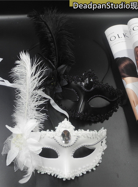 古风走秀黑色白色蕾丝面具半脸女成人化妆舞会派对万圣节羽毛面罩