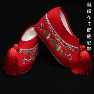 新娘秀禾服鞋复古婚鞋中式平底高跟古装绣花鞋戏曲花旦女新款彩