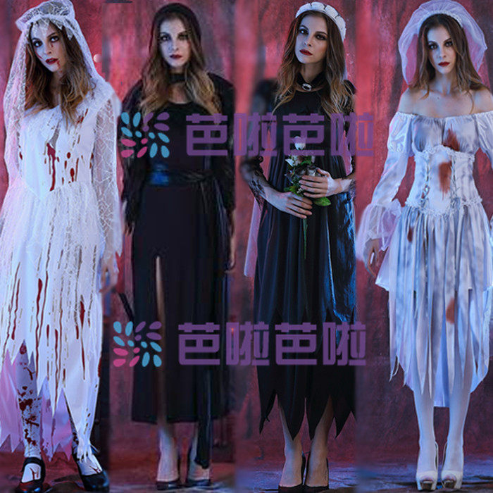 欧美万圣节角色扮演恶魔女鬼黑色婚纱新娘骷髅COSPALY派对演出服