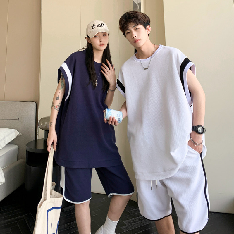夏季青少年大码男士套装运动无袖短裤搭配篮球服A406 TZ135 p80图片