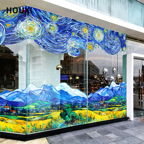梵高星空油画艺术玻璃贴双面彩色