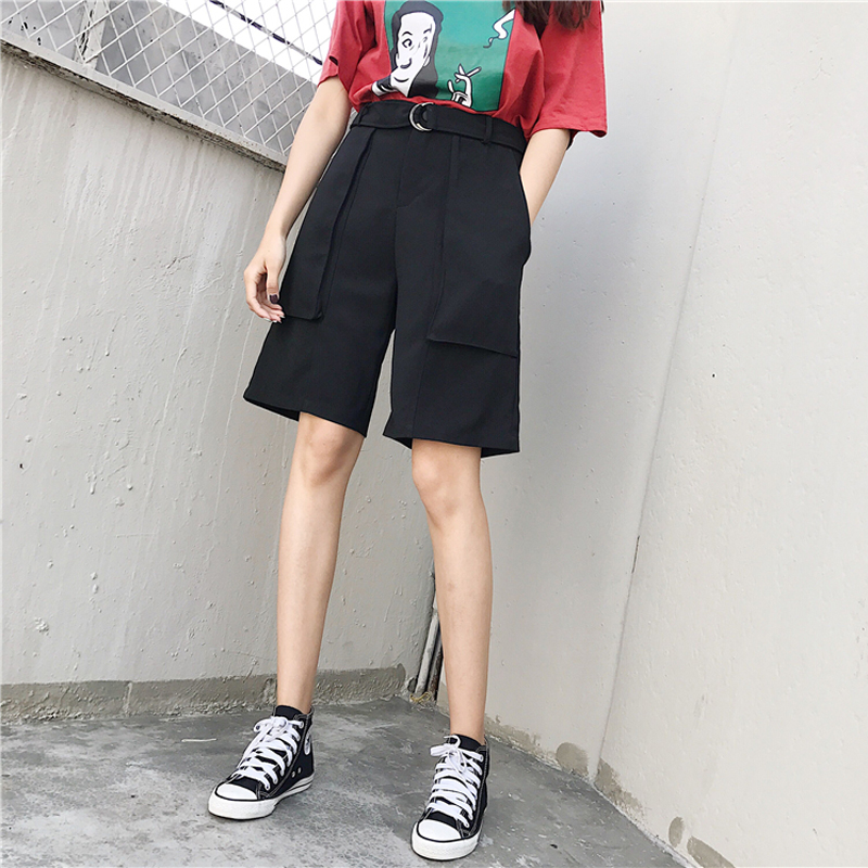 春夏裝女韓版學生原宿風簡約百搭黑色西裝短褲寬松直筒休閑五分褲