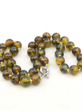 油菜花玛瑙宝石圆珠女黄棕色项链