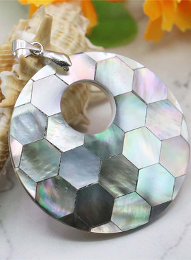 40mm圆形蜂窝状天然鲍鱼贝壳吊坠 DIY手工串项饰锁骨挂件礼物女