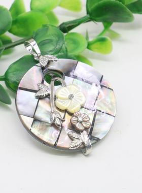 圆形格仔拼接镶花天然贝壳吊坠