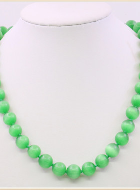 10mm圆珠天然绿蓝白猫眼石项链 手工编织项饰DIY锁骨链配方向盘扣