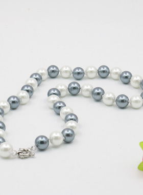 油菜花珍珠圆珠白灰女双色项链