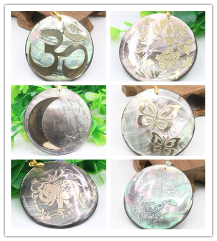 圆形天然鲍鱼贝项链吊坠 3D蝴蝶乌龟大象雕花月亮女DIY项链首饰