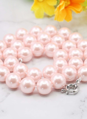 10mm圆珠粉色玻璃珍珠项链 方向盘扣DIY手工串项饰简约大方锁骨链