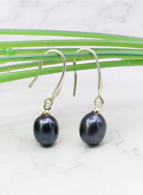 8-9mmg黑色天然淡水珍珠耳环 925纯银耳饰复古优雅送妈妈婆婆礼物