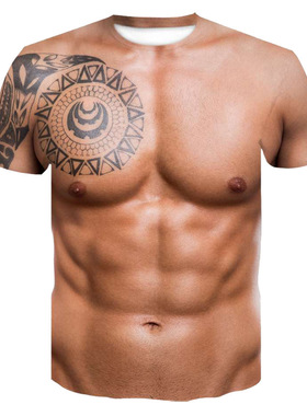 3dT恤腹肌休闲套头短袖厂家跨境欧美热款男装3D短袖肌肉