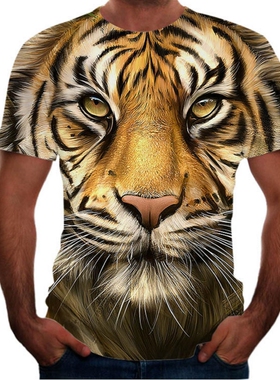 跨境外贸新款动物印花3dT恤老虎短袖男士狮子t恤休闲新款狼狗男装