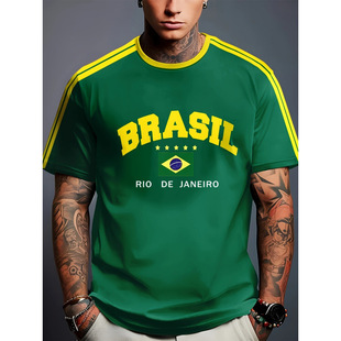 爆款2024跨境热卖3印花中性款潮流复古大号宽松巴西国家足球队恤
