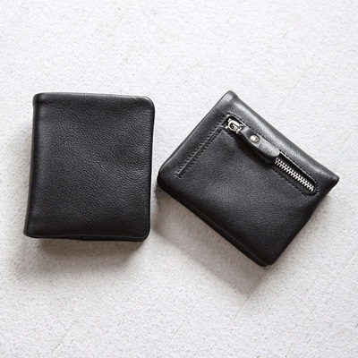 头层牛皮黑色短款小巧钱包简约