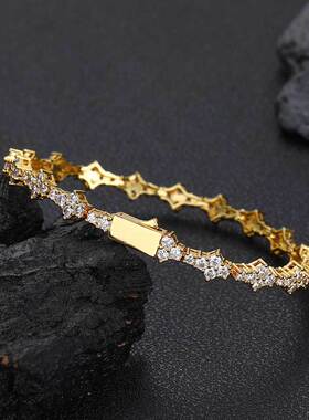 跨境欧美嘻哈弹簧扣飞机网球链锆石男士手链饰品女轻奢高级感配饰