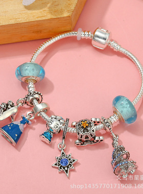 卡通公主吊坠和高跟鞋魅力手链女 DIY合金皇冠雪橇车串珠手链潘家