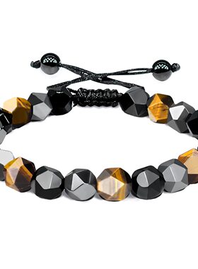 天然地图石手链虎眼切面石手链磁石玛瑙男士虎眼石三色编织手链