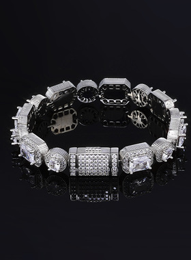 欧美10mm方圆混镶冰糖链跨境男女款潮人翻盖扣锆石手链配饰批发